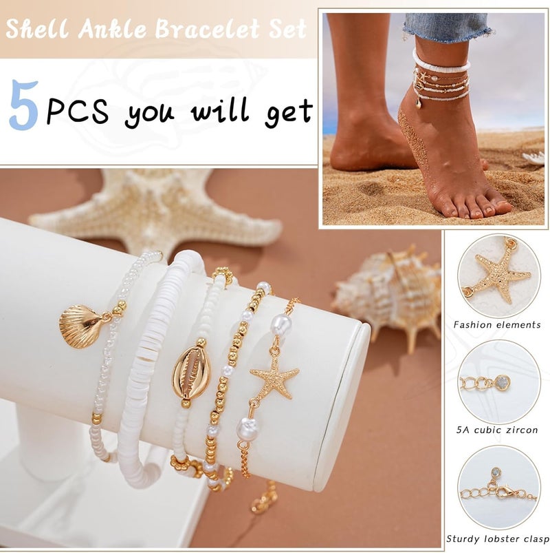 Shall Shell Boho Shell Ankle Bracelet Set for Women, 5 Pairs 14K Boho Bead Handmade Adjustable Anklet, Hawaiian Beach Seashell Starfish Foot Jewelry Gifts - Image 4